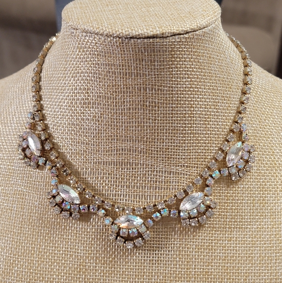 Aurora Borealis AB Rhinestones Prong Set Vintage Statement Necklace - Picture 1 of 8